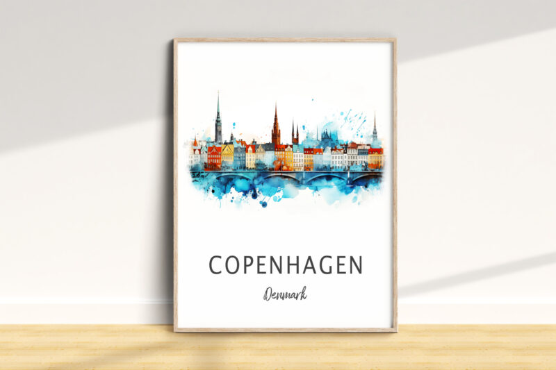 Copenhagen skyline watercolor art, Denmark.