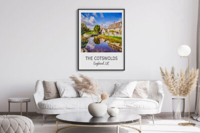 Cotswolds poster in modern living room decor.