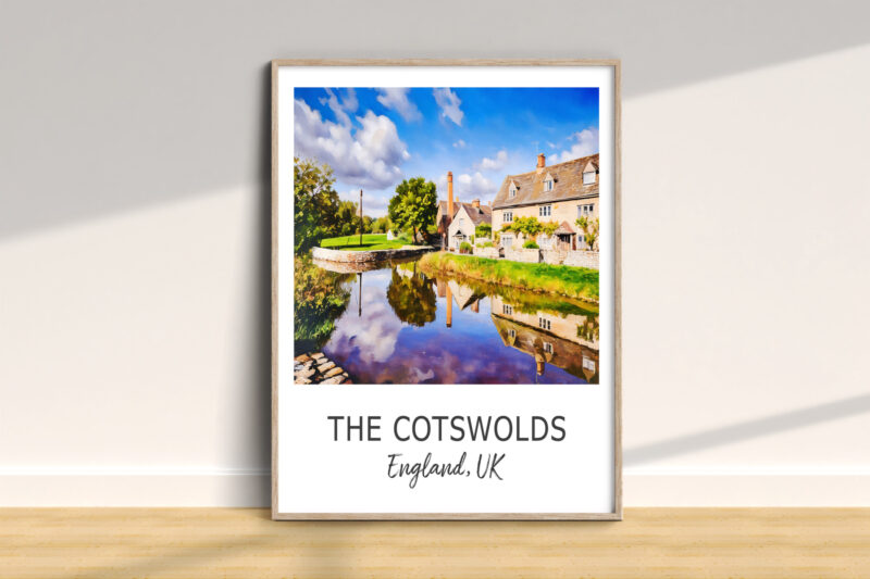 Cotswolds landscape with houses and river reflection.