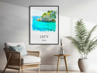 Framed Crete poster in stylish room interior.