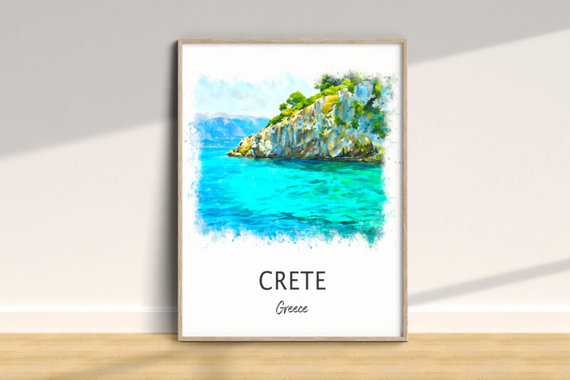 Watercolor painting of Crete seascape, Greece.