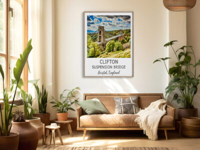 Cozy living room with Clifton Bridge poster.