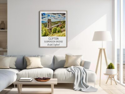 Living room with Clifton Suspension Bridge artwork.