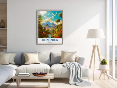 Bright living room with Dominica poster on wall.