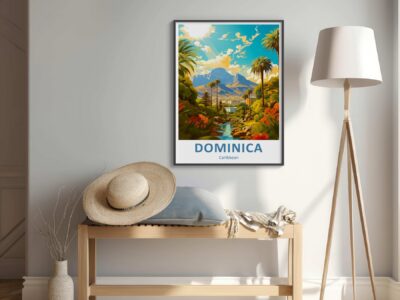 Dominica poster on wall with hat on bench.