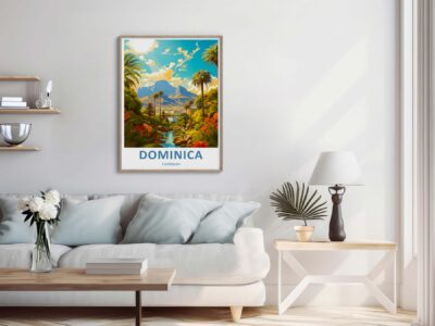 Living room with Dominica poster on wall.
