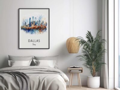 Dallas skyline art above bedroom decor.