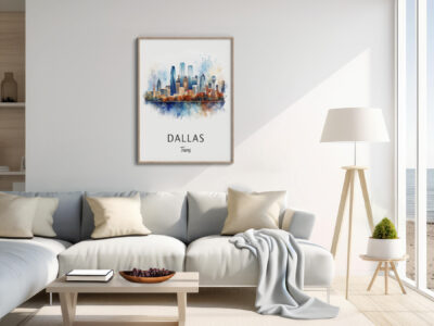 Living room with Dallas skyline artwork on wall.