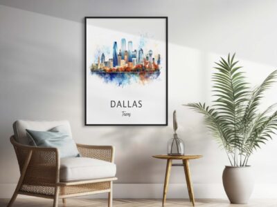 Dallas skyline watercolor in modern living room