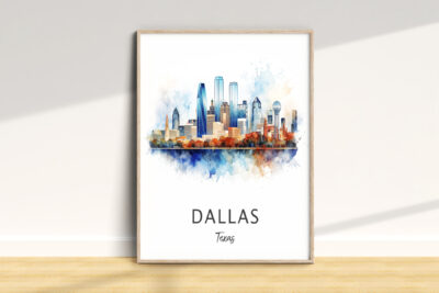 Watercolor painting of Dallas skyline illustration.