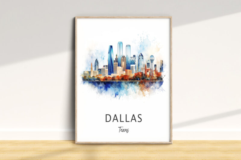 Watercolor painting of Dallas skyline illustration.