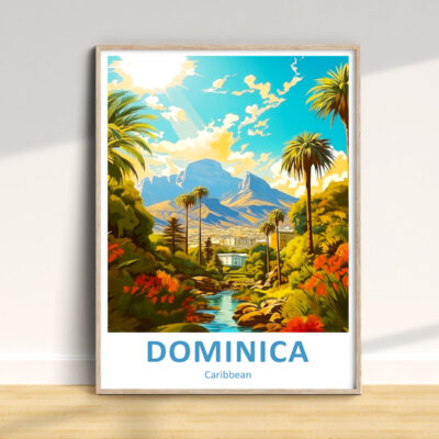 Colorful Dominica landscape illustration with mountains and palms.