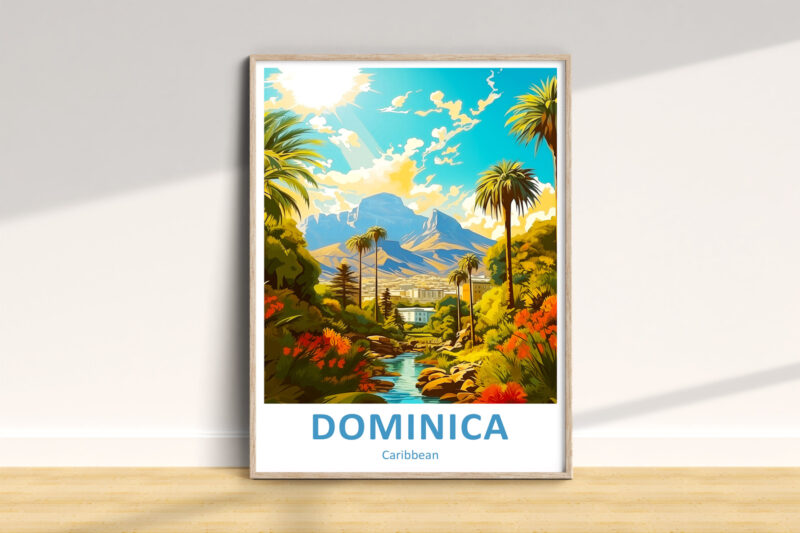 Colorful Dominica landscape illustration with mountains and palms.