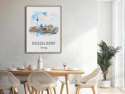 Dusseldorf cityscape poster in modern dining room.