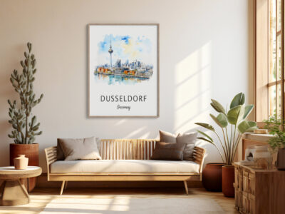 Cozy living room with Dusseldorf cityscape poster.
