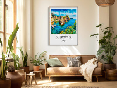 Cozy living room with Dubrovnik wall art.