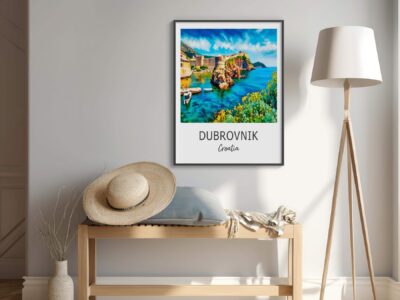 Framed Dubrovnik poster on wall above bench.
