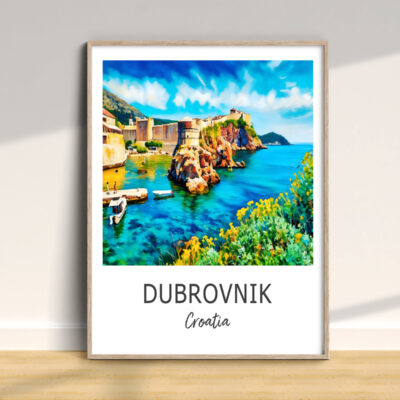 Colorful Dubrovnik seaside painting in wooden frame.