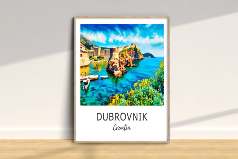Colorful Dubrovnik seaside painting in wooden frame.