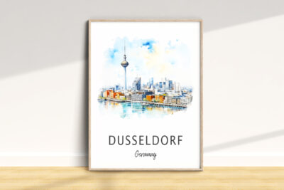 Dusseldorf skyline watercolor print on wall.