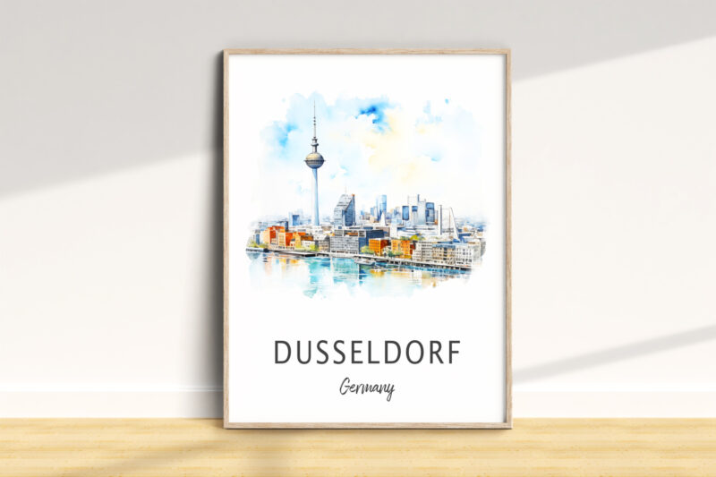 Dusseldorf skyline watercolor print on wall.