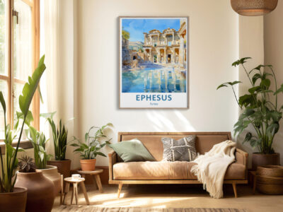 Cozy living room with Ephesus poster and plants.