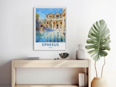 Decor with Ephesus poster, plant, shelf items.