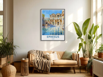 Cozy living room with Ephesus wall art.