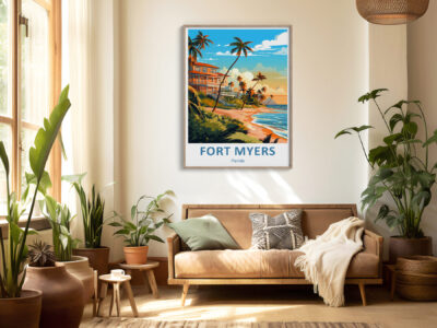 Cozy living room with Fort Myers poster.