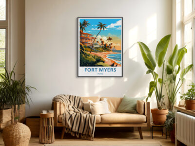 Fort Myers beach poster in cozy living room.