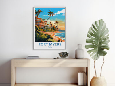 Fort Myers beach illustration on sunny display wall.