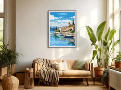 Cozy living room with Fiskardo Greece artwork.