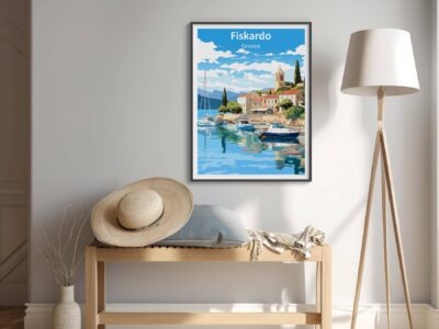Framed Fiskardo Greece poster in modern room decor.