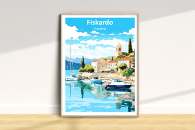 Fiskardo Greece poster with harbor view in frame.
