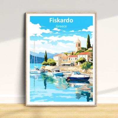 Fiskardo Greece poster with harbor view in frame.