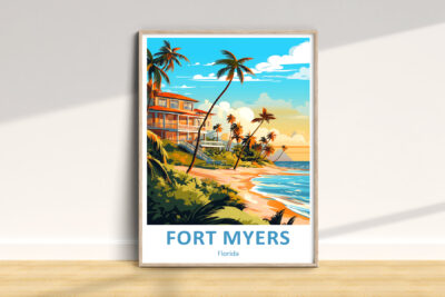 Colorful Fort Myers beach illustration with palm trees.