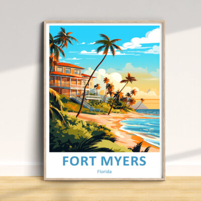 Colorful Fort Myers beach illustration with palm trees.