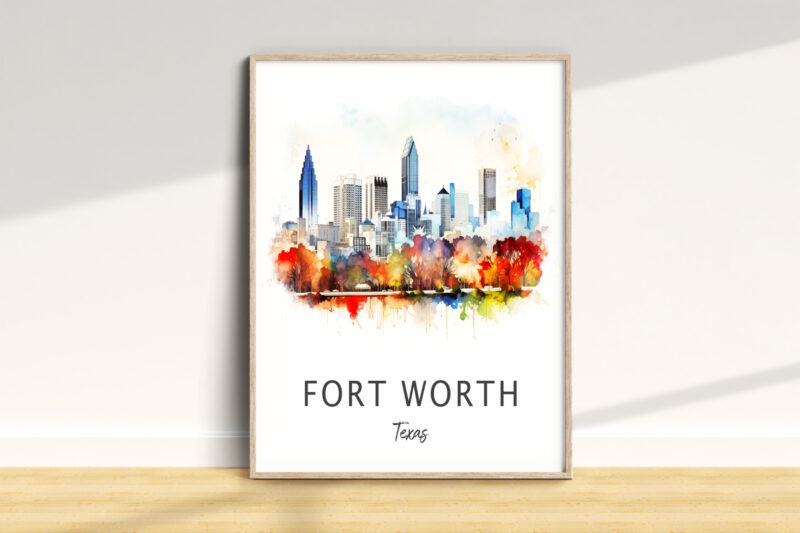 Fort Worth skyline watercolor artwork in frame.