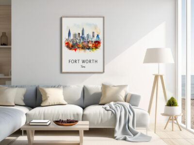 Modern living room with Fort Worth skyline decor.