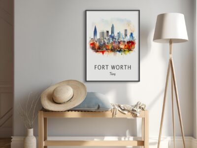 Fort Worth Texas skyline watercolor art on wall.