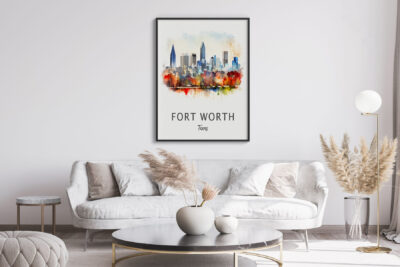 Modern living room with Fort Worth artwork.