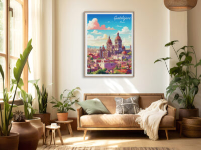 Stylish living room with Guadalajara artwork, lush plants.