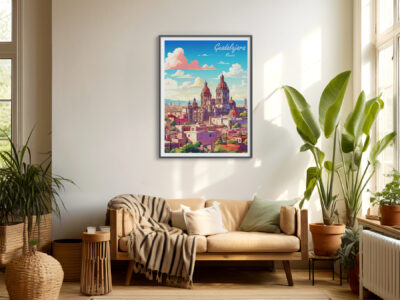 Cozy room with Guadalajara artwork on wall.