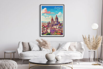 Framed Guadalajara poster in modern living room.