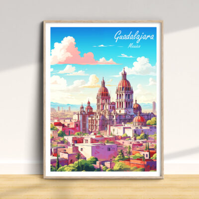 Illustrated poster of Guadalajara, Mexico skyline.