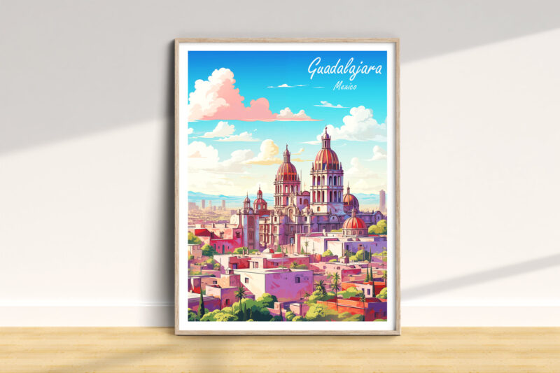 Illustrated poster of Guadalajara, Mexico skyline.