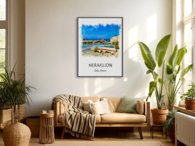 Heraklion artwork above cozy living room sofa