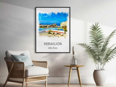 Framed Heraklion poster in a modern room setting.