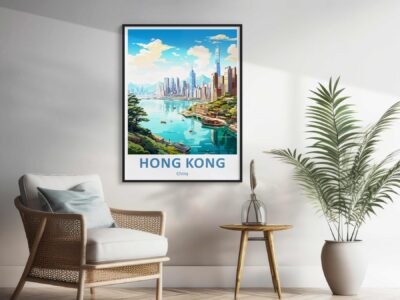 Colorful Hong Kong poster in modern living room.
