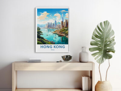 Hong Kong skyline poster above modern console table.
